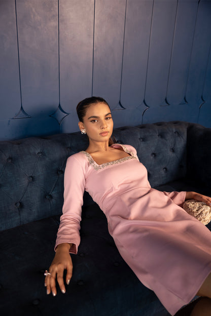 Baby Pink Square-Neck Dress with Embellished Neckline